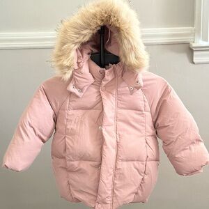 Zara Pink Kids Puffer Jacket with Faux Fur Hood